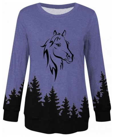 Horses T Shirt Women Funny Graphic Tees Long Sleeve Crew Neck Shirts Casual Loose Fit Blouses Horse Lover T-Shirt Gift 03purp...