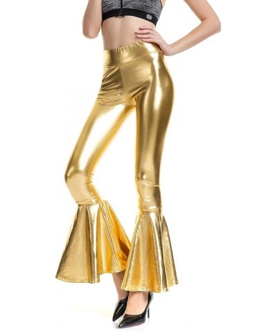 Shiny Metallic Flare Leggings for Women, Sexy High Waisted Bell Bottom Pants Stretch 70s Disco Yoga Trousers Gold $10.07 Legg...