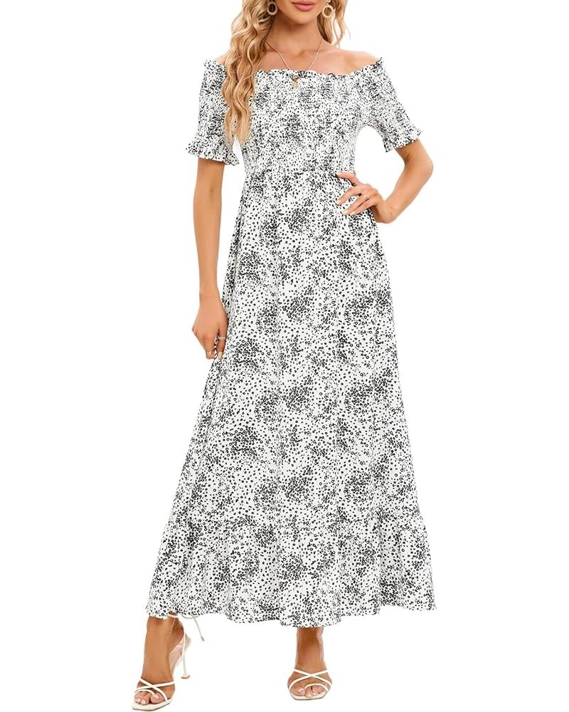 Women Off Shoulder Summer Boho Floral Dress Casual Smocked A-Line Tiered Maxi Dress White Black Flower $14.00 Dresses