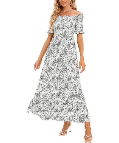 Women Off Shoulder Summer Boho Floral Dress Casual Smocked A-Line Tiered Maxi Dress White Black Flower $14.00 Dresses