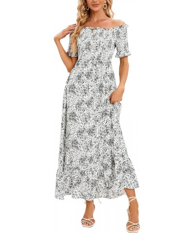 Women Off Shoulder Summer Boho Floral Dress Casual Smocked A-Line Tiered Maxi Dress White Black Flower $14.00 Dresses