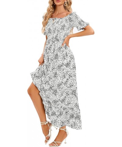 Women Off Shoulder Summer Boho Floral Dress Casual Smocked A-Line Tiered Maxi Dress White Black Flower $14.00 Dresses