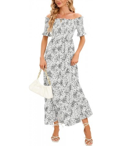 Women Off Shoulder Summer Boho Floral Dress Casual Smocked A-Line Tiered Maxi Dress White Black Flower $14.00 Dresses