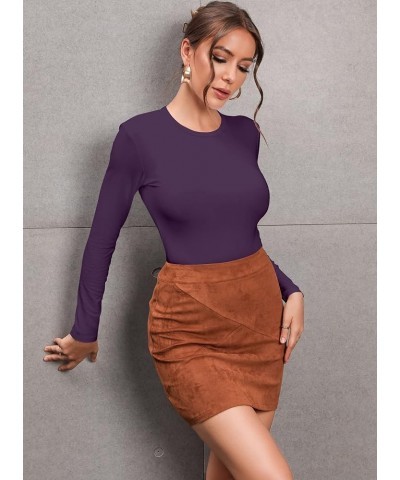 Women Long Sleeve Short Sleeve Bodysuit Round Neck Basic Ribbed T Shirts Dark Purple $9.43 Bodysuits