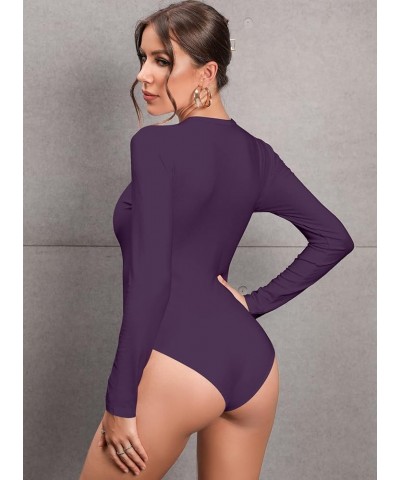 Women Long Sleeve Short Sleeve Bodysuit Round Neck Basic Ribbed T Shirts Dark Purple $9.43 Bodysuits