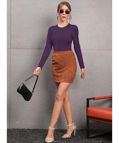 Women Long Sleeve Short Sleeve Bodysuit Round Neck Basic Ribbed T Shirts Dark Purple $9.43 Bodysuits