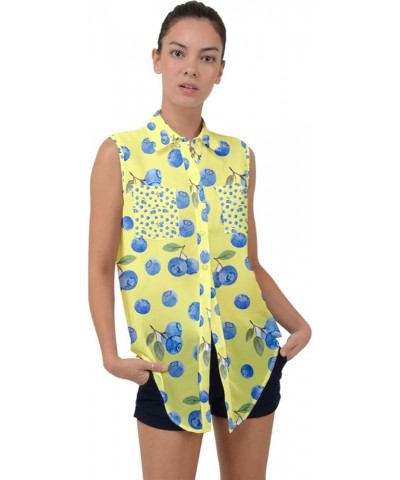 Womens Summer Hawaii Beach Tropical Fruits Pineapple Banana Strawberry Sleeveless Chiffon Button Shirt Light Yellow $12.09 Tops