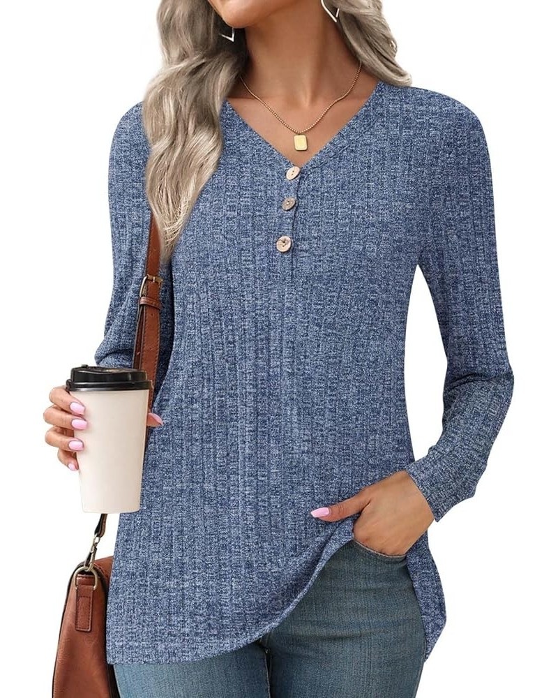 Womens 2024 Fall Winter Tunic Tops Long Sleeve Casual T-Shirts Soft Comfy Stripe Blouse Lightweight 1-vneck Dark Blue $12.99 ...