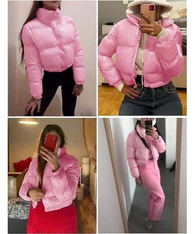 Women Winter Warm Stand Collar Slim Fit Cropped Puffer Down Jacket Coats Pink $22.56 Jackets