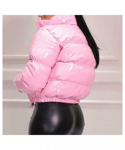 Women Winter Warm Stand Collar Slim Fit Cropped Puffer Down Jacket Coats Pink $22.56 Jackets