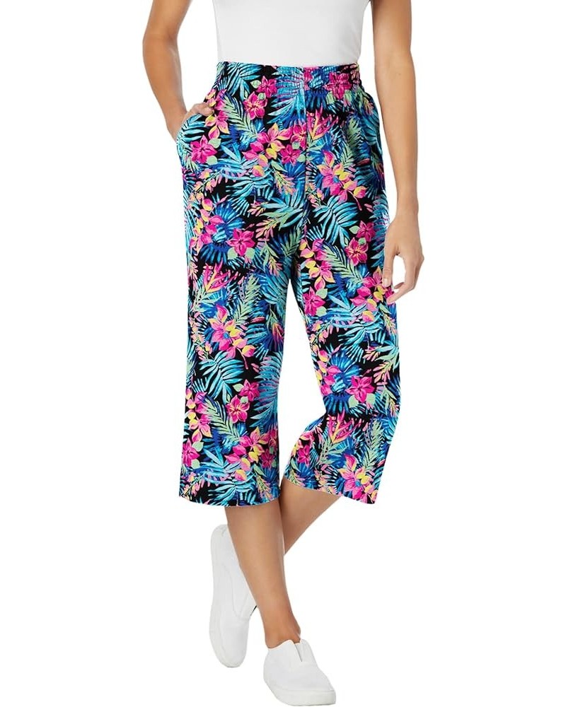 Women's Plus Size Elastic-Waist Knit Capri Pant Black Multi Tropicana $17.48 Pants