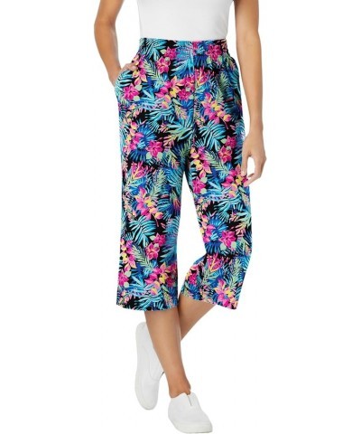 Women's Plus Size Elastic-Waist Knit Capri Pant Black Multi Tropicana $17.48 Pants