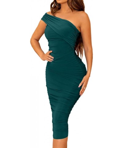 Women's One Shoulder Ruched Bodycon Midi Dress Sexy Sleeveless Club Party Cocktail Long Dresses Green $17.39 Dresses