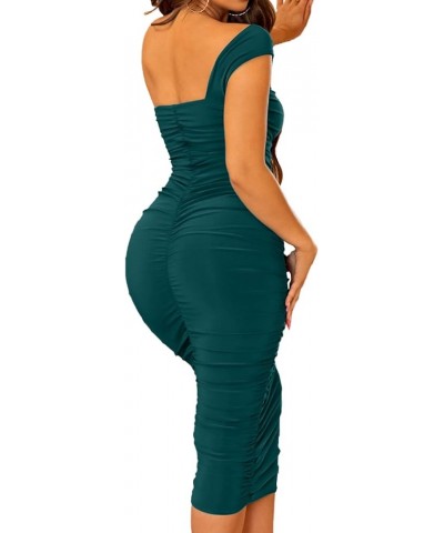 Women's One Shoulder Ruched Bodycon Midi Dress Sexy Sleeveless Club Party Cocktail Long Dresses Green $17.39 Dresses