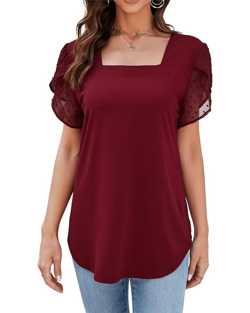 St. Jubileens Women's Plus Size Tunic Tops Square Neck Petal Short Sleeve Loose Casual Blouse Tops Red $12.75 Tops