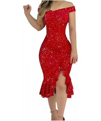 Cocktail Dresses,Womens Sexy Sparkly One Shoulder Midi Dress Elegant Smocked Slit Bodycon Dresses F-red $12.41 Activewear