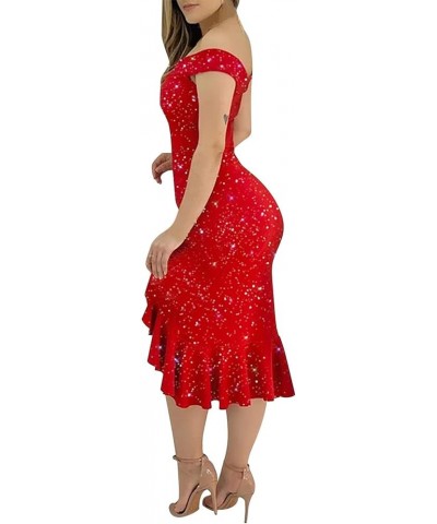 Cocktail Dresses,Womens Sexy Sparkly One Shoulder Midi Dress Elegant Smocked Slit Bodycon Dresses F-red $12.41 Activewear