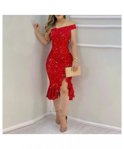 Cocktail Dresses,Womens Sexy Sparkly One Shoulder Midi Dress Elegant Smocked Slit Bodycon Dresses F-red $12.41 Activewear