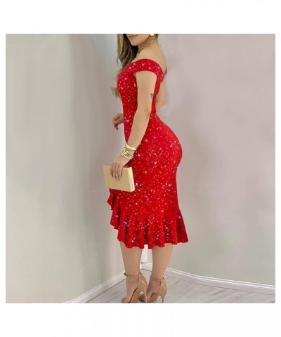 Cocktail Dresses,Womens Sexy Sparkly One Shoulder Midi Dress Elegant Smocked Slit Bodycon Dresses F-red $12.41 Activewear