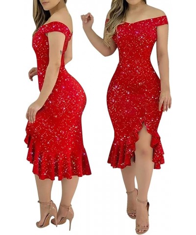 Cocktail Dresses,Womens Sexy Sparkly One Shoulder Midi Dress Elegant Smocked Slit Bodycon Dresses F-red $12.41 Activewear