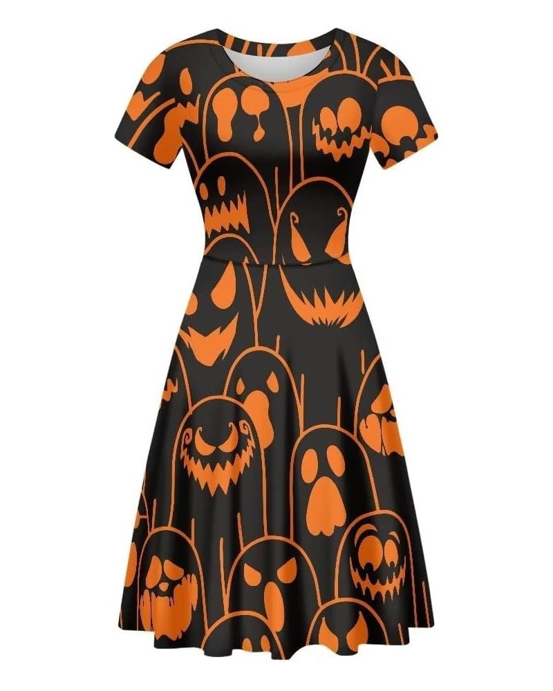 Womens Short Sleeve Casual A-Line Dress Cute Pretty Pullover Flared Party Dress Orange Black Ghost Halloween $10.91 Dresses