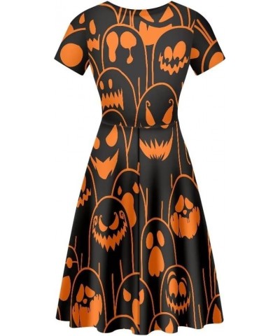 Womens Short Sleeve Casual A-Line Dress Cute Pretty Pullover Flared Party Dress Orange Black Ghost Halloween $10.91 Dresses