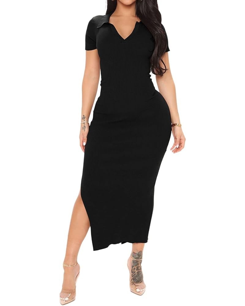 Women's Casual Basic Ribbed Knit Long Dress Solid Short Sleeve V Neck Bodycon Maxi Dresses Black $17.02 Dresses