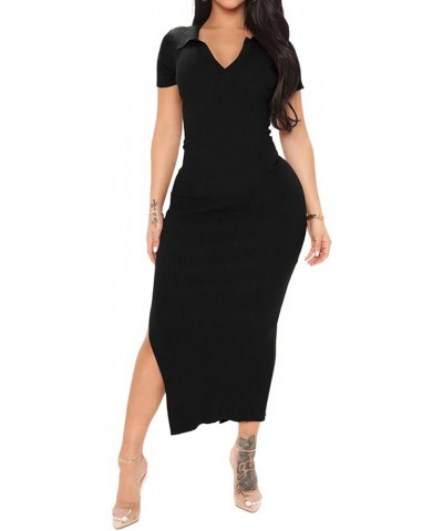 Women's Casual Basic Ribbed Knit Long Dress Solid Short Sleeve V Neck Bodycon Maxi Dresses Black $17.02 Dresses