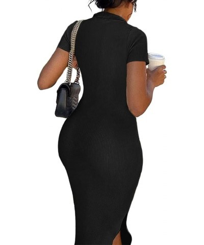 Women's Casual Basic Ribbed Knit Long Dress Solid Short Sleeve V Neck Bodycon Maxi Dresses Black $17.02 Dresses