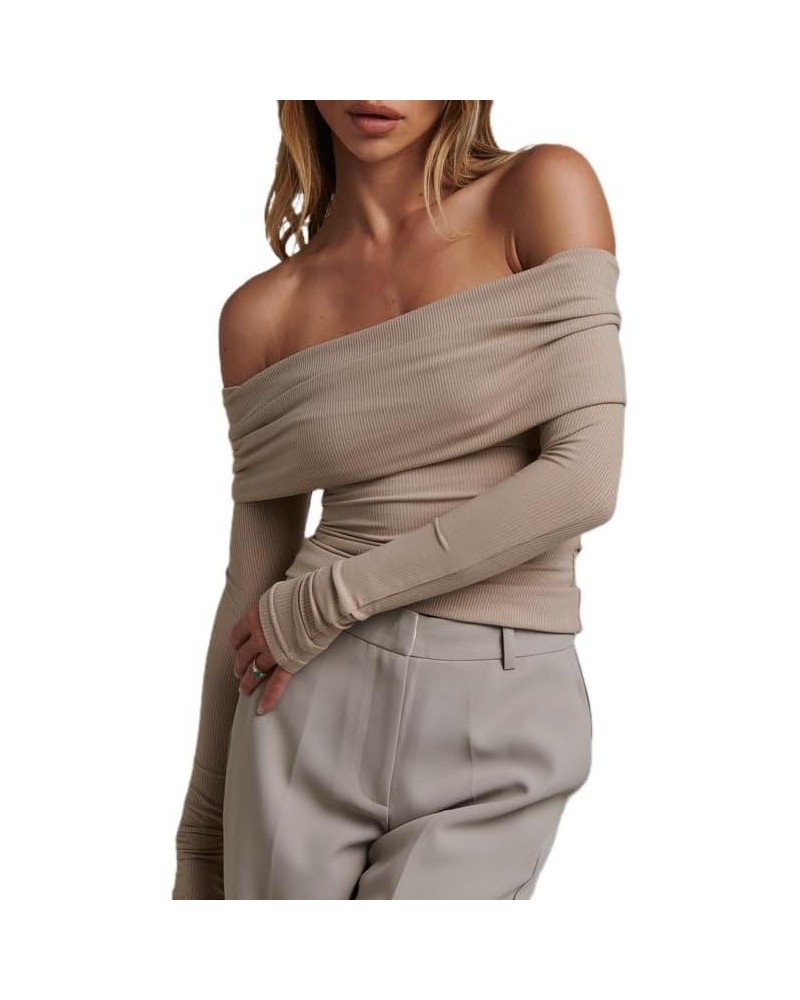 Women Y2k Off Shoulder Crop Top Sheer Mesh Long Sleeve T Shirt See Through Slim Fit Tube Top Trendy Streetwear E2-khaki-e2 $9...