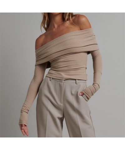 Women Y2k Off Shoulder Crop Top Sheer Mesh Long Sleeve T Shirt See Through Slim Fit Tube Top Trendy Streetwear E2-khaki-e2 $9...