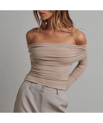 Women Y2k Off Shoulder Crop Top Sheer Mesh Long Sleeve T Shirt See Through Slim Fit Tube Top Trendy Streetwear E2-khaki-e2 $9...