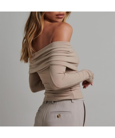 Women Y2k Off Shoulder Crop Top Sheer Mesh Long Sleeve T Shirt See Through Slim Fit Tube Top Trendy Streetwear E2-khaki-e2 $9...