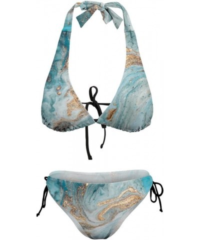 Tie Side Bottom Halter Padded Top Bikini Sets Marble Print Triangle Swimsuit for Women Color3 $11.07 Swimsuits