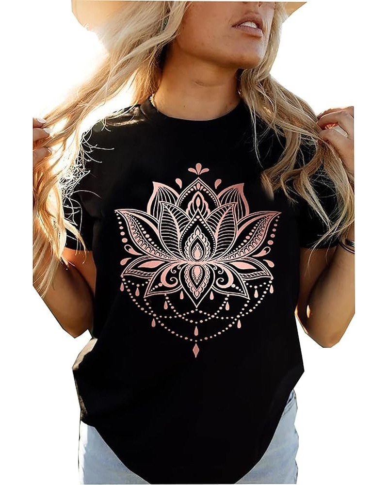 Mandala Shirt for Women Lotus Flower Graphic Tees Short Sleeve Casual Mandala T Shirts Tops Black $10.08 T-Shirts