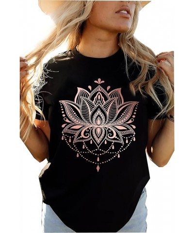 Mandala Shirt for Women Lotus Flower Graphic Tees Short Sleeve Casual Mandala T Shirts Tops Black $10.08 T-Shirts