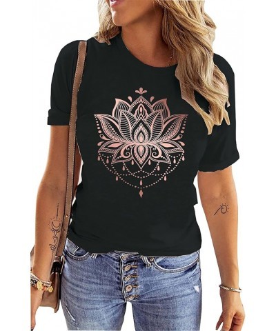 Mandala Shirt for Women Lotus Flower Graphic Tees Short Sleeve Casual Mandala T Shirts Tops Black $10.08 T-Shirts