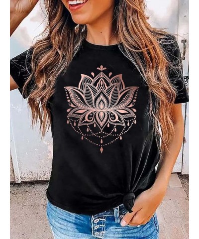 Mandala Shirt for Women Lotus Flower Graphic Tees Short Sleeve Casual Mandala T Shirts Tops Black $10.08 T-Shirts