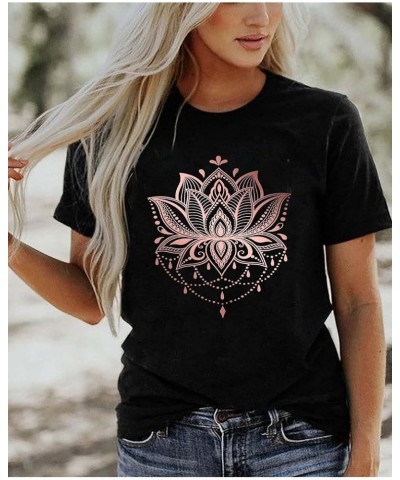 Mandala Shirt for Women Lotus Flower Graphic Tees Short Sleeve Casual Mandala T Shirts Tops Black $10.08 T-Shirts