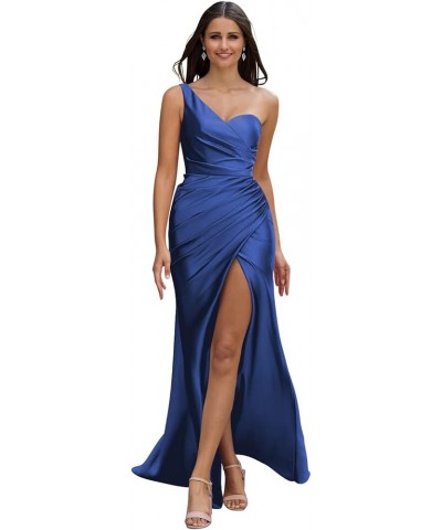 Satin One Shoulder Bridesmaid Dresses for Wedding Sexy Mermaid Long Formal Prom Evening Party Gown with Slit Royal Blue $39.1...