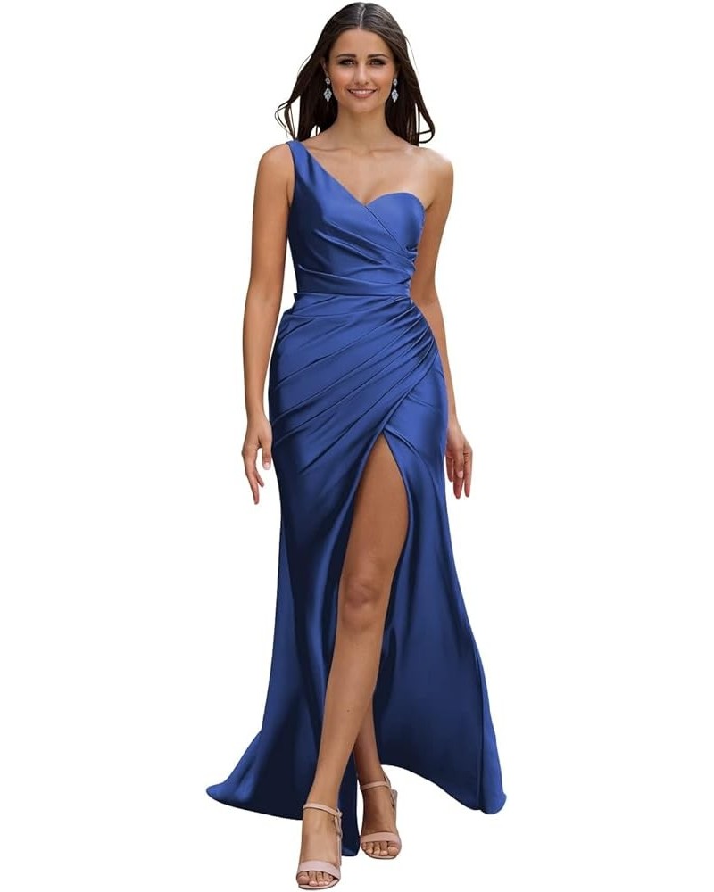 Satin One Shoulder Bridesmaid Dresses for Wedding Sexy Mermaid Long Formal Prom Evening Party Gown with Slit Royal Blue $39.1...