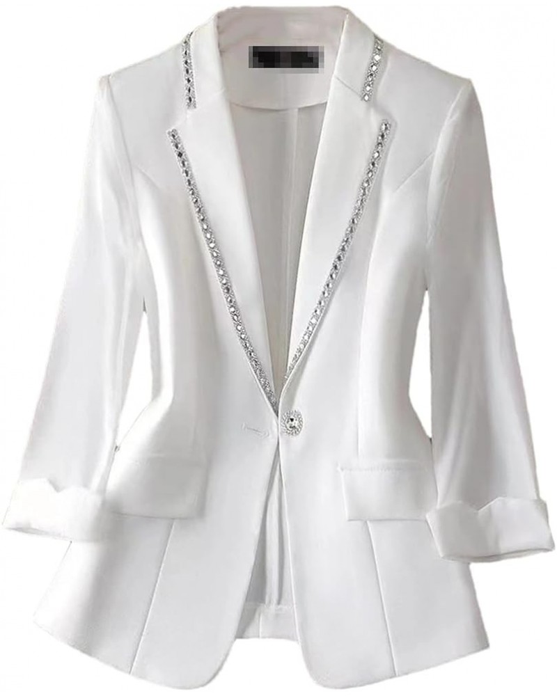 Women White Blazer Jacket 3/4 Sleeve Rhinestone Button Slim Thin Casual Office Blazers White $20.67 Blazers