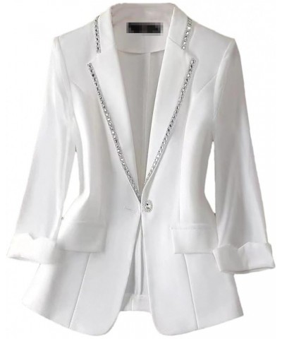 Women White Blazer Jacket 3/4 Sleeve Rhinestone Button Slim Thin Casual Office Blazers White $20.67 Blazers