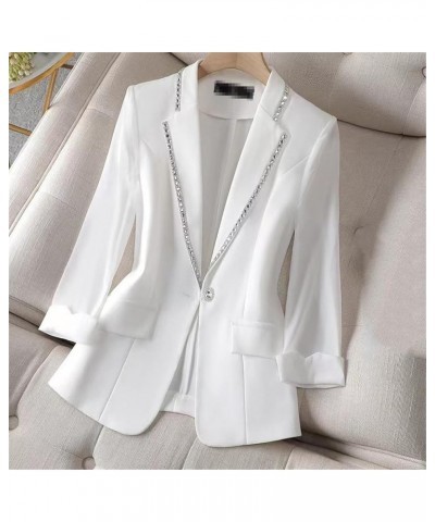 Women White Blazer Jacket 3/4 Sleeve Rhinestone Button Slim Thin Casual Office Blazers White $20.67 Blazers