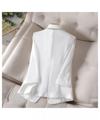 Women White Blazer Jacket 3/4 Sleeve Rhinestone Button Slim Thin Casual Office Blazers White $20.67 Blazers