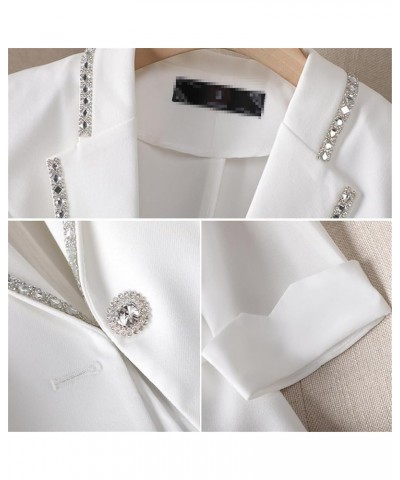 Women White Blazer Jacket 3/4 Sleeve Rhinestone Button Slim Thin Casual Office Blazers White $20.67 Blazers