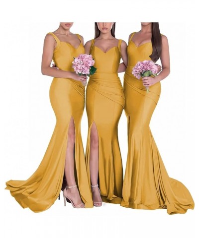 V Neck Mermaid Bridesmaid Dress with Split Spaghetti Straps Satin Formal Party Evening Gowns for Wedding Mustrad Yellow $32.7...