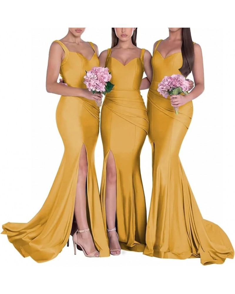 V Neck Mermaid Bridesmaid Dress with Split Spaghetti Straps Satin Formal Party Evening Gowns for Wedding Mustrad Yellow $32.7...