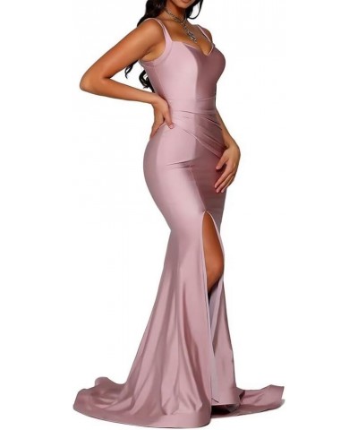 V Neck Mermaid Bridesmaid Dress with Split Spaghetti Straps Satin Formal Party Evening Gowns for Wedding Mustrad Yellow $32.7...