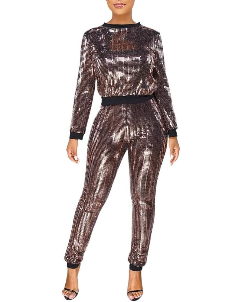 Womens 2 Piece Outfits & Sexy Silver Glitter Sequins & Metallic Shiny Top and Pants Set -Silver & Bronze $34.19 Activewear